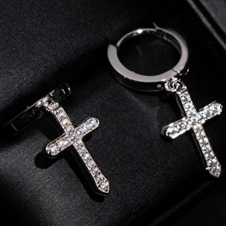 Diamond Cross Earrings 18k Gold Hip Hop Jewelry Dangle Drop Hoop Earrings for Men