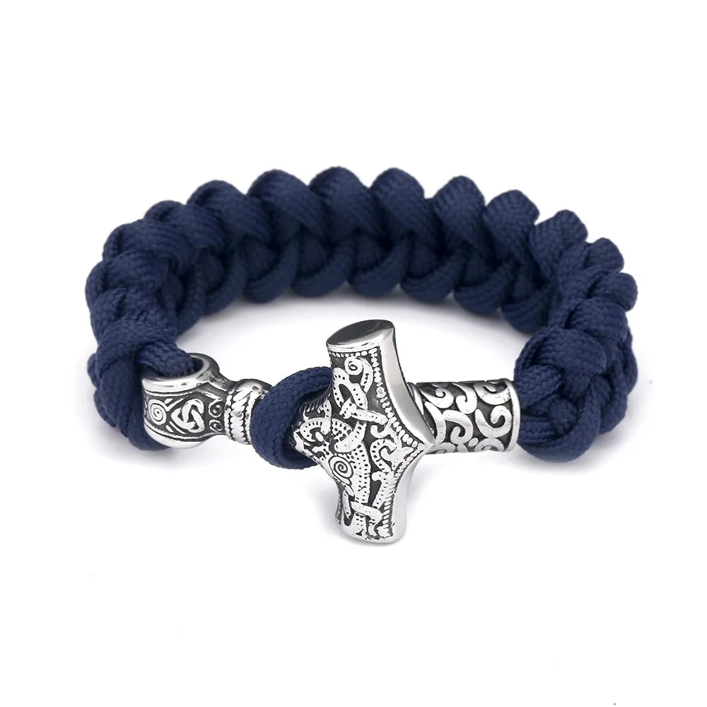 Handmade Paracord Rope Bracelet for Men Stainless Steel Viking Nordic Thor Hammer Charm Outdoors Survival Fashion Jewelry