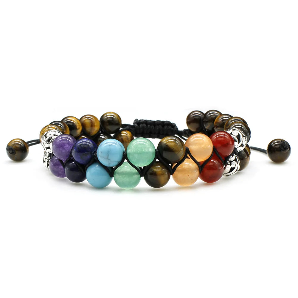 Fashion Yoga Jewelry 7 Chakra Healing Beaded Bracelet Double Woven Natural Lava Stone Tiger Eye Beads Bracelet