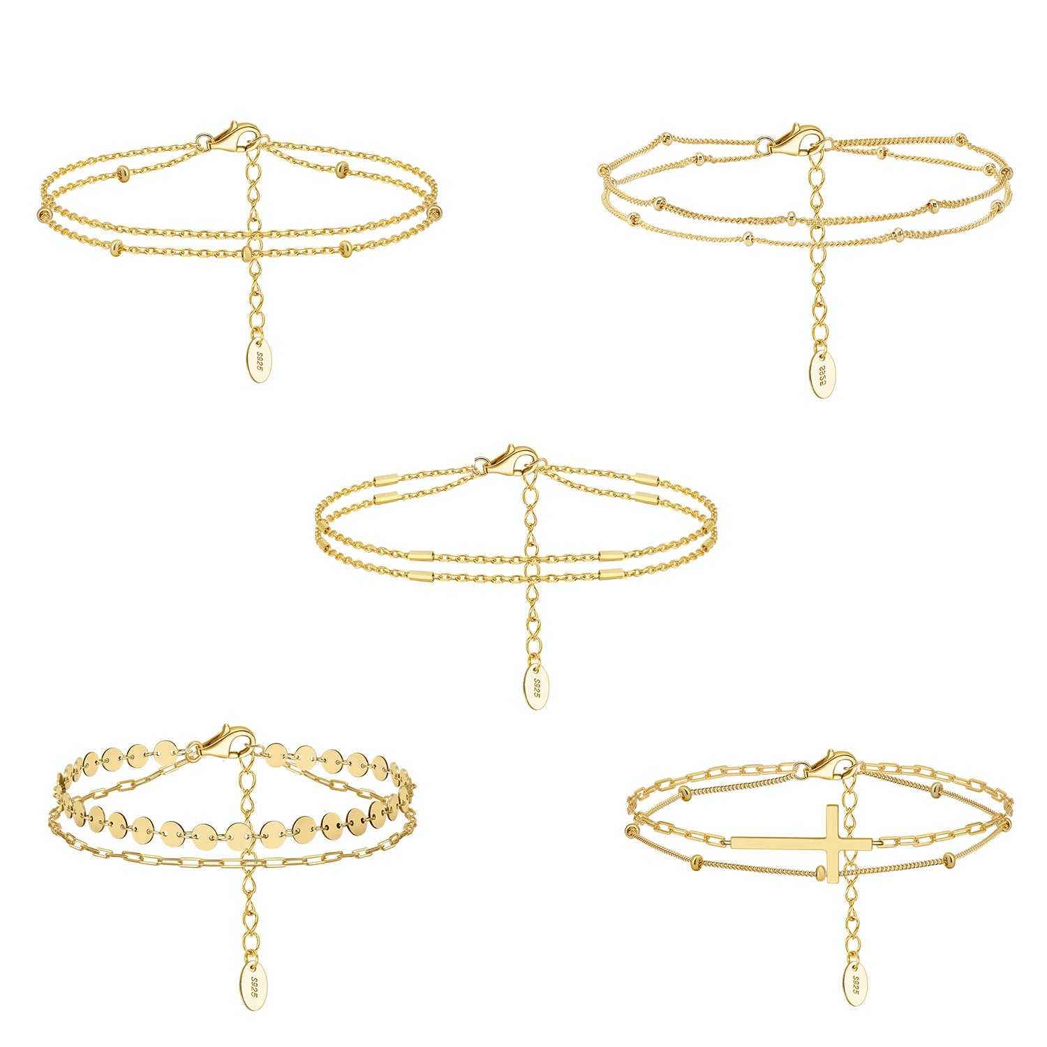 Tiny Cross Bracelet 14K Gold Plated Silver Chain Bracelets Adjustable Layered Satellite Beads Bracelets for Women