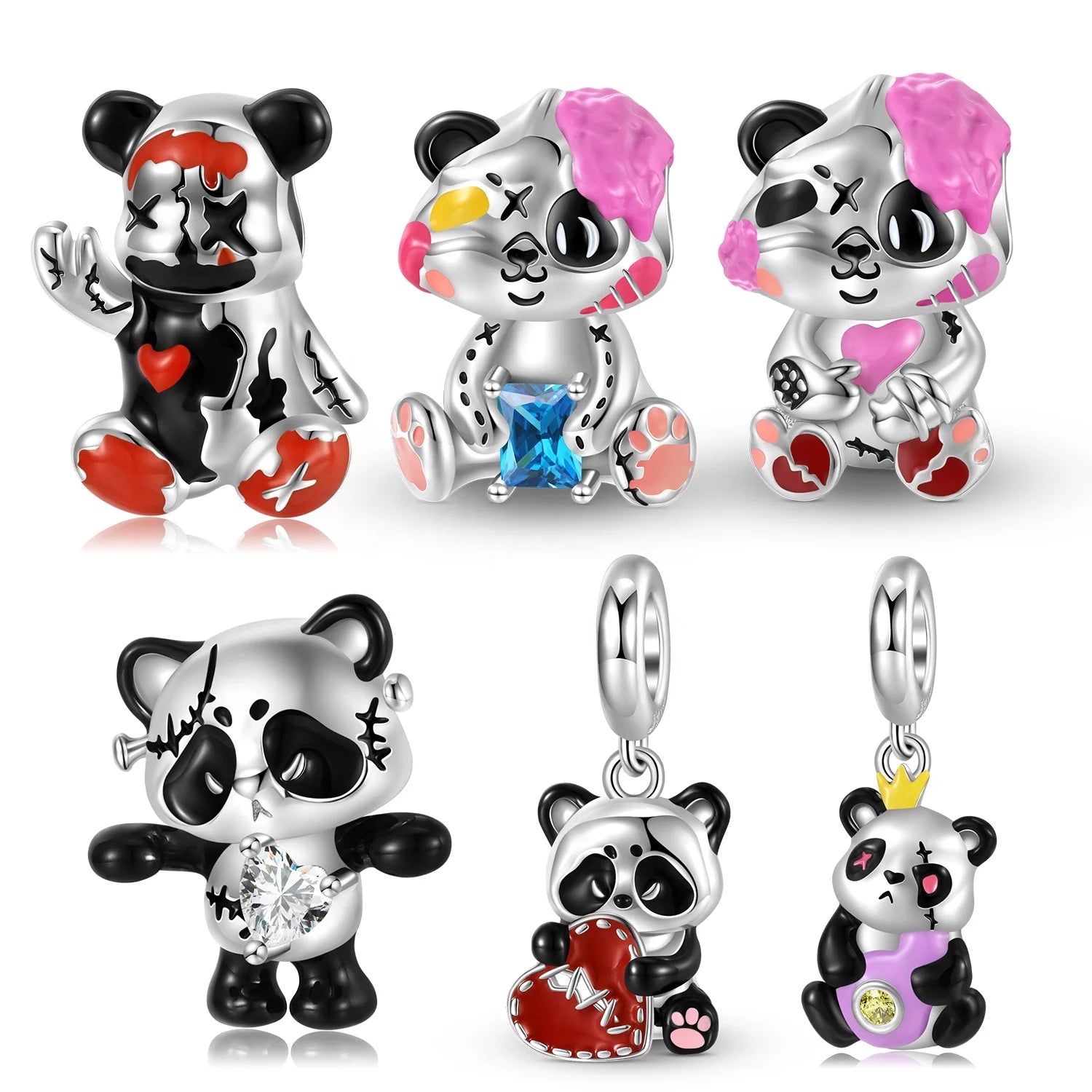 Graffiti Panda Charm 925 Sterling Silver Enamel Heart Panda Pendant Beads for Women Charm Bracelet Fashion Jewelry Dropshipping