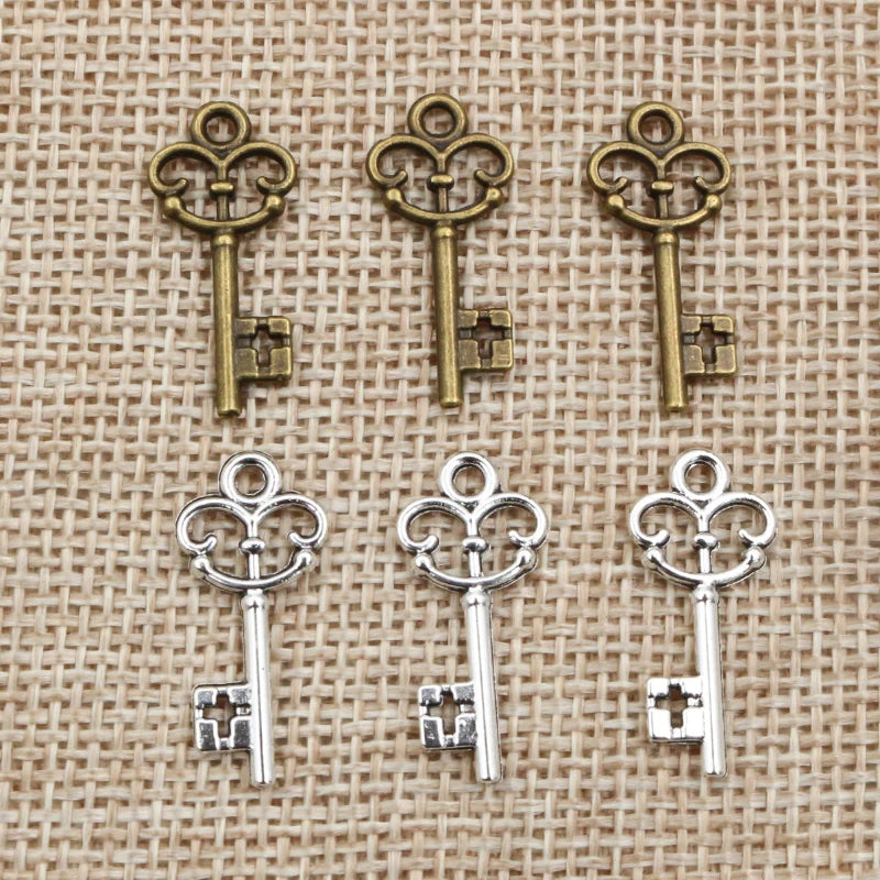 50pcs 22x10mm Vintage Small Key Charms Antique Bronze Silver Plated Handmade Charms Pendant DIY Findings for Bracelet Necklace