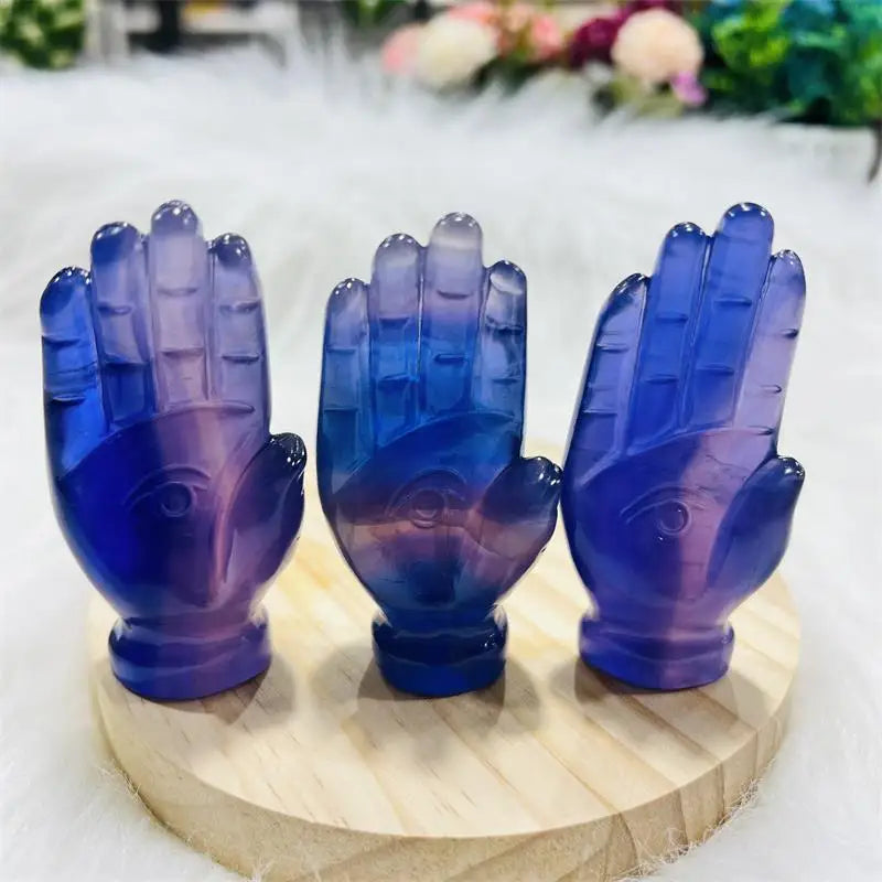 Natural Buddha Hand Shape Carved Healing Gemstone Fluorite Crystal Hamsa Hand Carving Crafts for Decoration