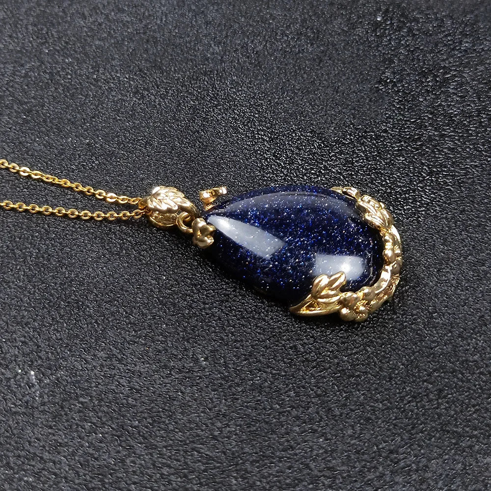 DIY Blue Sandstone Gemstone Teardrop Shaped Bezel Pendant With Chain Gold Plated Fashion Jewelry