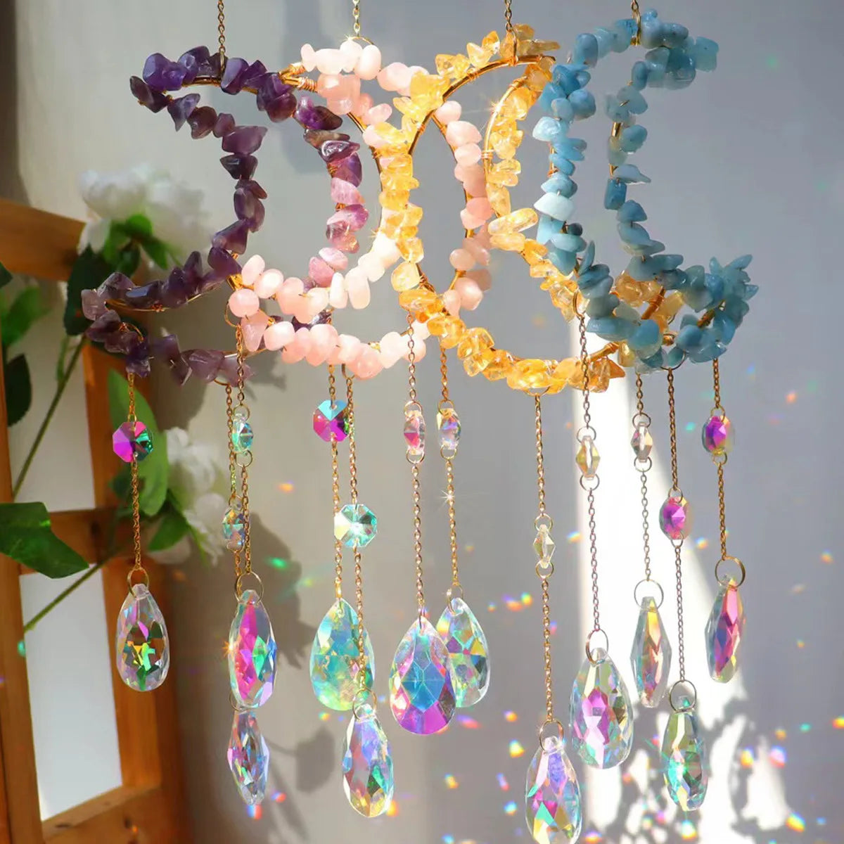 Hot Sale Natural Moon Amethyst Chips Gravel Suncatche Crystal Wind Chimes Sun Catcher
