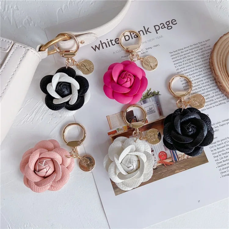 Cute Sweet Synthetic PU Leather Rose Camellia Flowers Keychain Women's Trinkets Pendant Accessories for Bags & Wallets