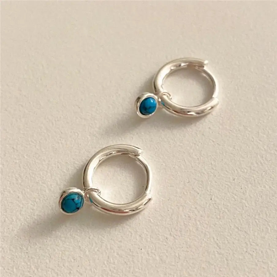 Fashion 925 Sterling Silver Turquoise Beaded Clip on Earrings Natural Stone Turquoise Hoop Earrings for Women