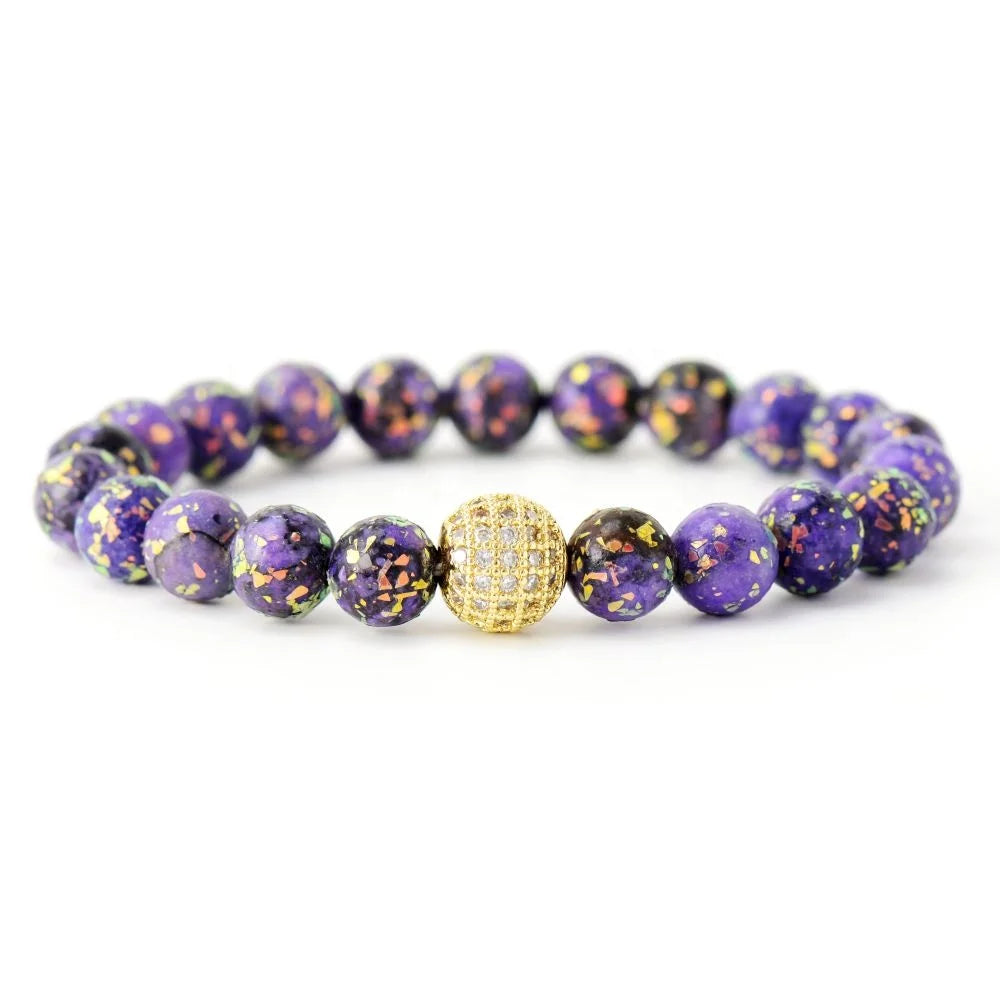 Jasper Natural Stone 18K Gold Plated Unisex Fashion Charm Bracelet with Tibetan Energy Star Light Stretchable for Anniversary