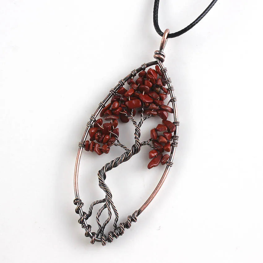 HZ Natural Amethyst Reiki Chakra Tree of Life Red jasper Wire Wrapped Healing Crystal Pendant Necklace Healing Crystals Jewelry