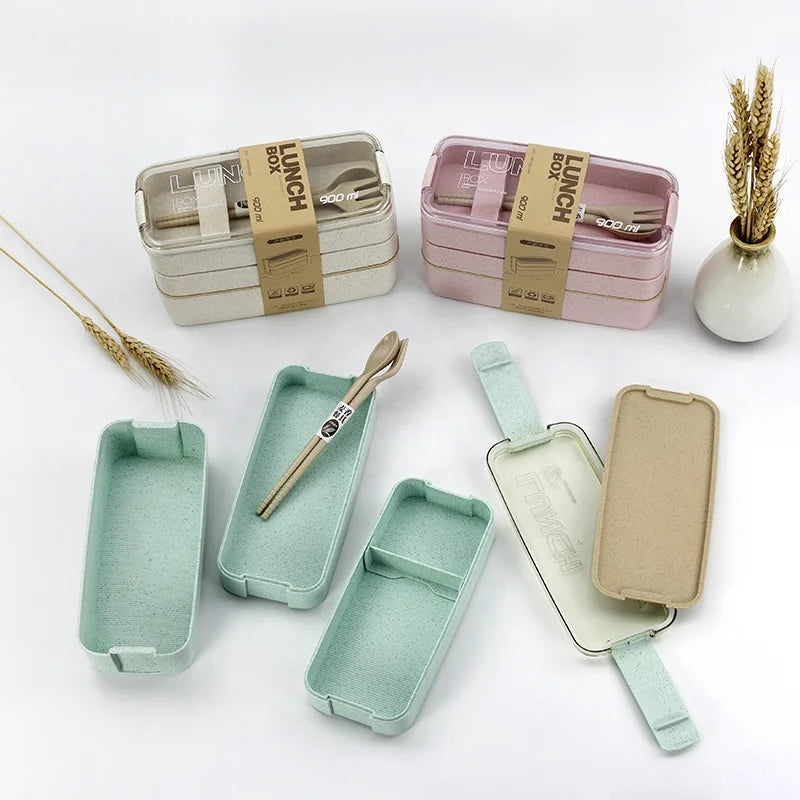 Lunch Box Wheat Straw Bento Box Student and Spoon Chopsticks   Porcelain  Dinnerware Sets Wheat Straw