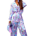 Enyami Special Printed Pajama Women Long Sleeve Button up Belted Outwear Top Palazzo Pants Homewear Set