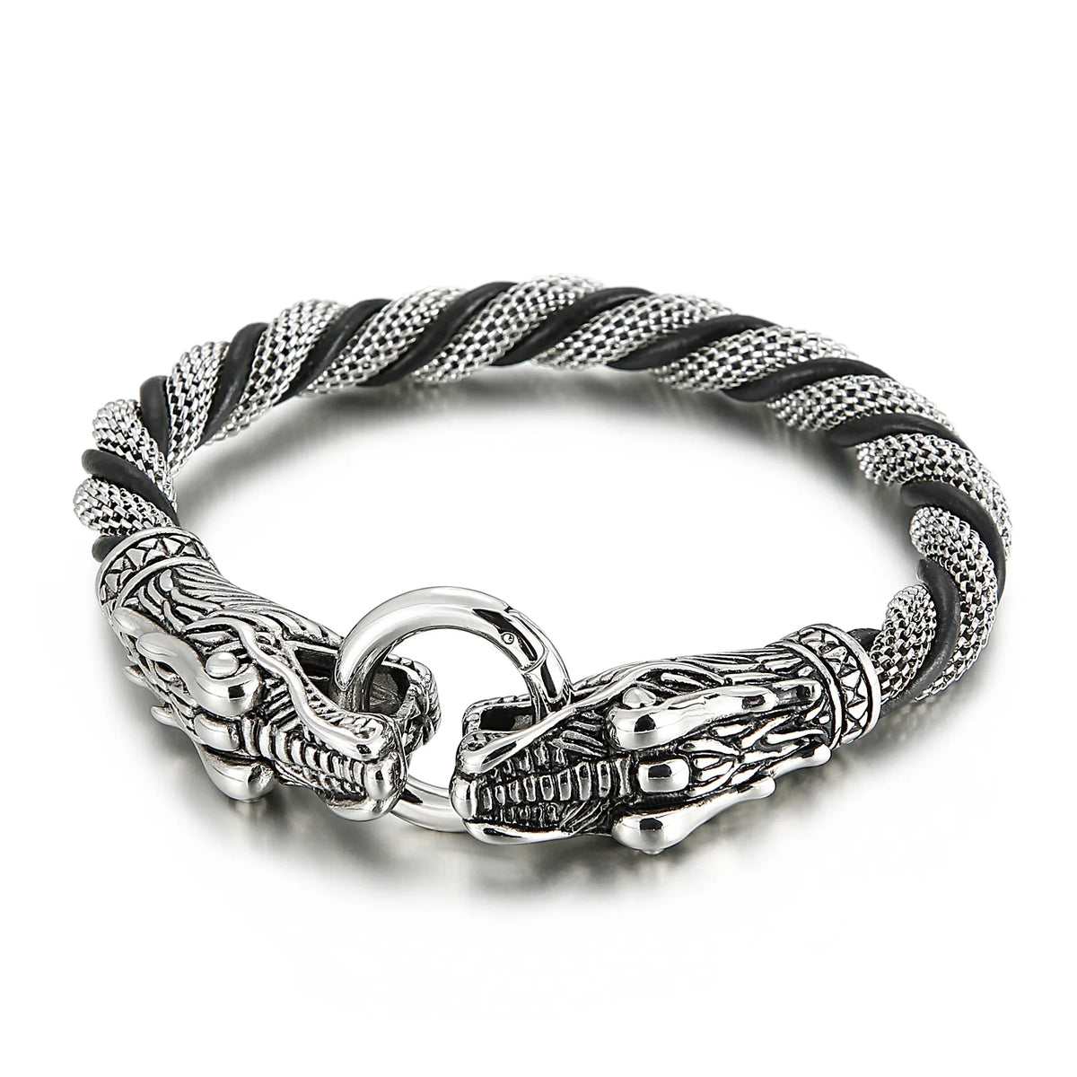KALEN Hiphop Stainless Steel tiger & Dragon Head Cowhide Bracelet