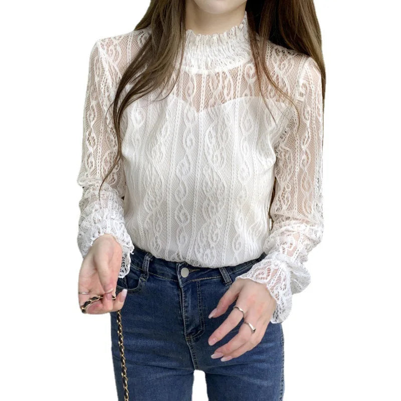 Embroidered Lace Blouse Summer Long Sleeve Casual Women's Shirt 2023 Fashion O Neck Elegant Blouses Tops