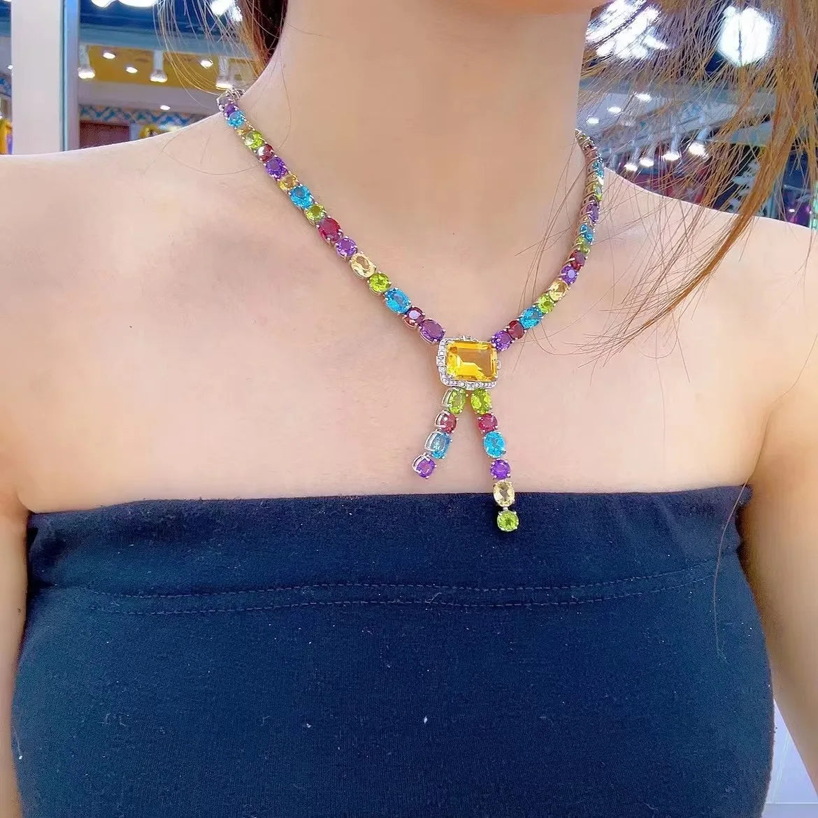 Luxurious Rhodium Plated Silver 925 Jewelry Multiple Natural Gemstone Necklace for Women Fine Jewelry Necklaces