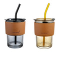 Coffee Glass Cup 400ml Leather Sleeve Slub Glass Cup With Lid and Straw Coffee Glass Water Bottle Drinking