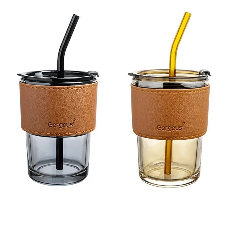 Coffee Glass Cup 400ml Leather Sleeve Slub Glass Cup With Lid and Straw Coffee Glass Water Bottle Drinking
