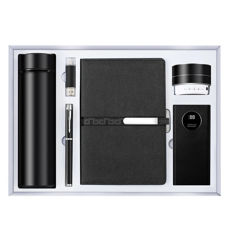 OEM VIP Business Stainless Steel Notebook Flask Speaker 16GB USB Flash Drive Power Bank 6-in-1 Office Supplies Set for Gift