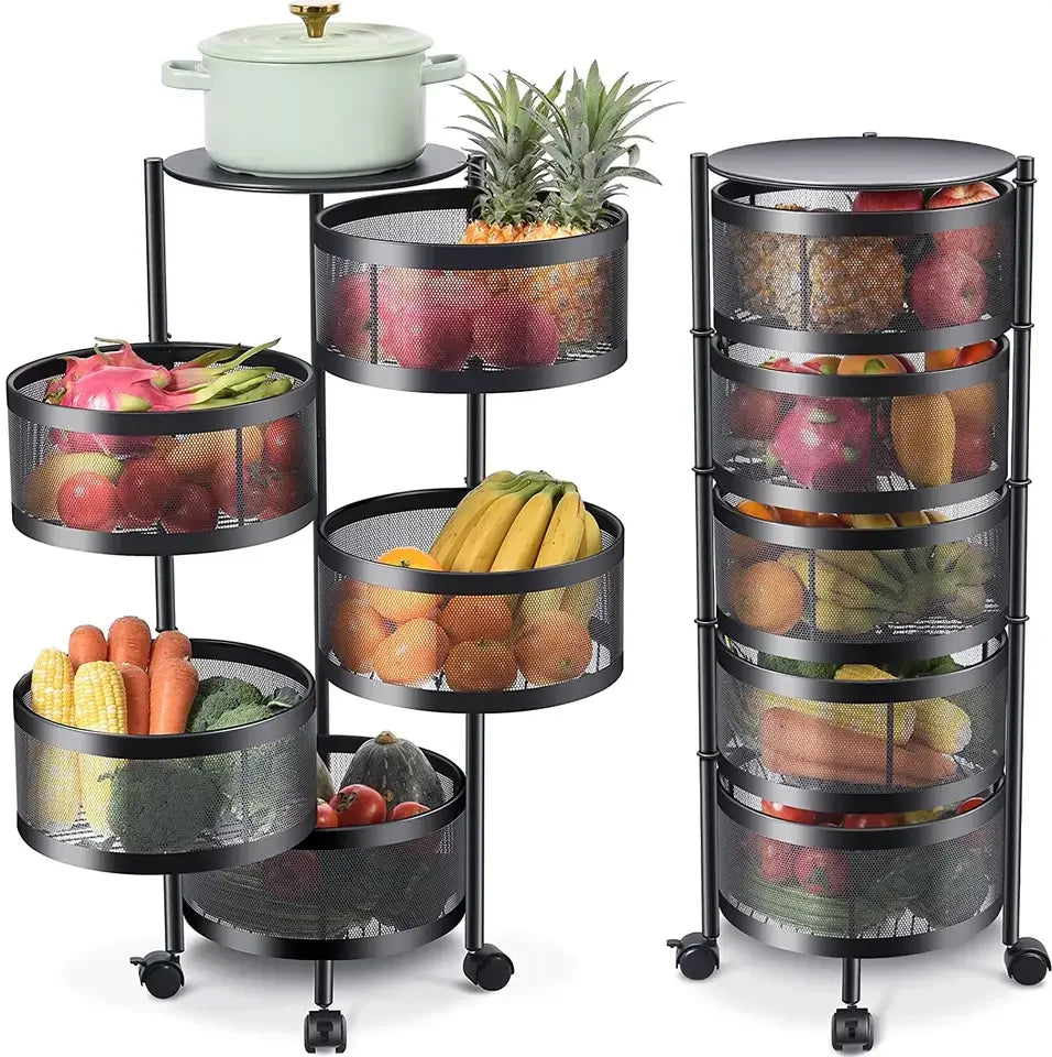 Kitchen Rotating Storage Shelves Rack Multi Layer Removable Basket Shelf Rolling Wheels with 5 Tier Metal Carton