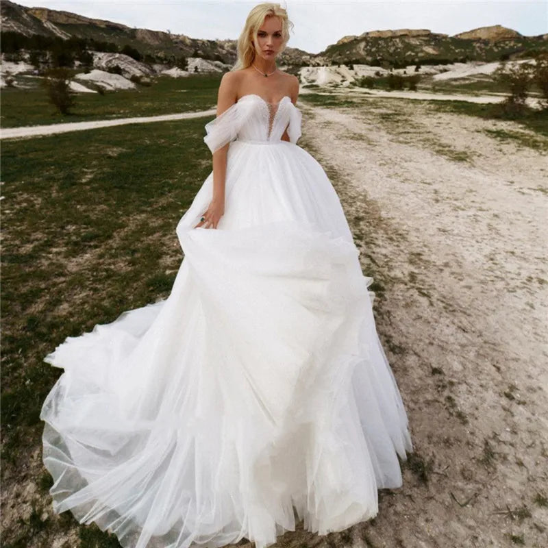 13677#Sweetheart A-Line Vestido De Novia Off-Shoulder Outdoor Boho Tulle Vintage Bohemian Strapless Wedding Dress Bride Gown