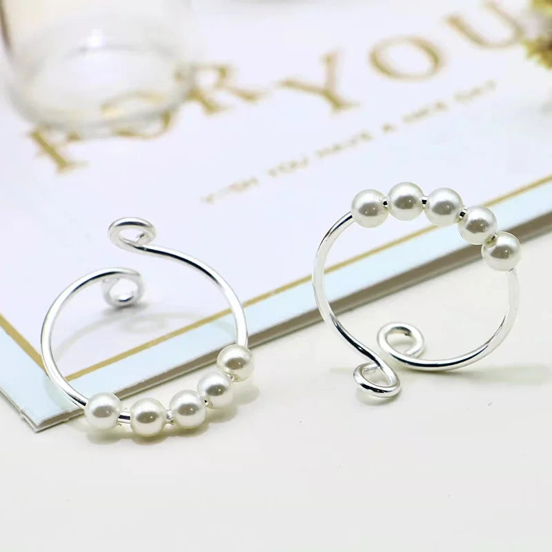 Fashion Anti Anxiety Fidget Ring Spinner Jewelry S925 Sterling Silver Vintage Adjustable Pearl Anxiety Bead Ring for Women Men