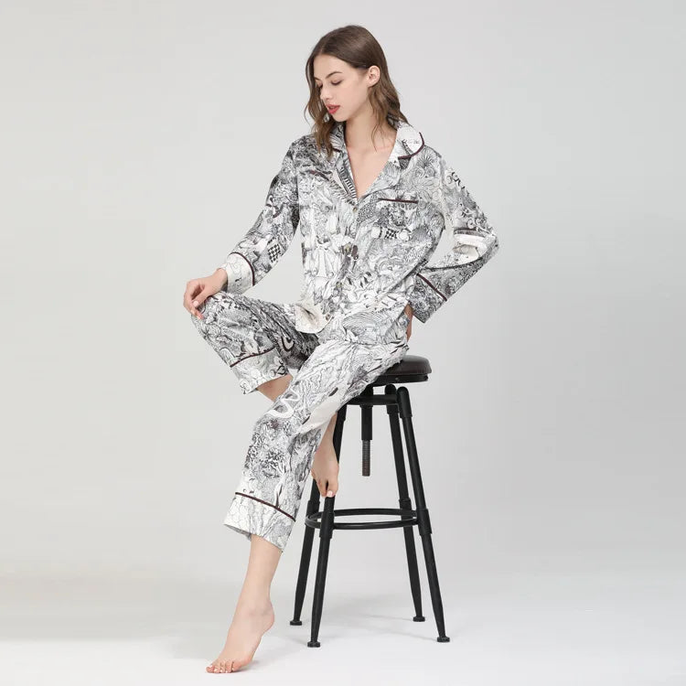 Fashion Spring Autumn Home Silk Pajamas Printed Long Sleeve Sleepwear for Vintage Style