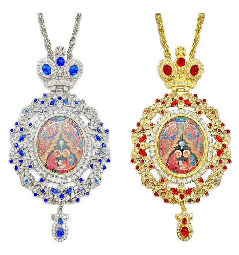 HT Zinc Alloy Orthodox Nativity Cross with Chain Round Russian Orthodox Pectoral Cross for Priest Bishop