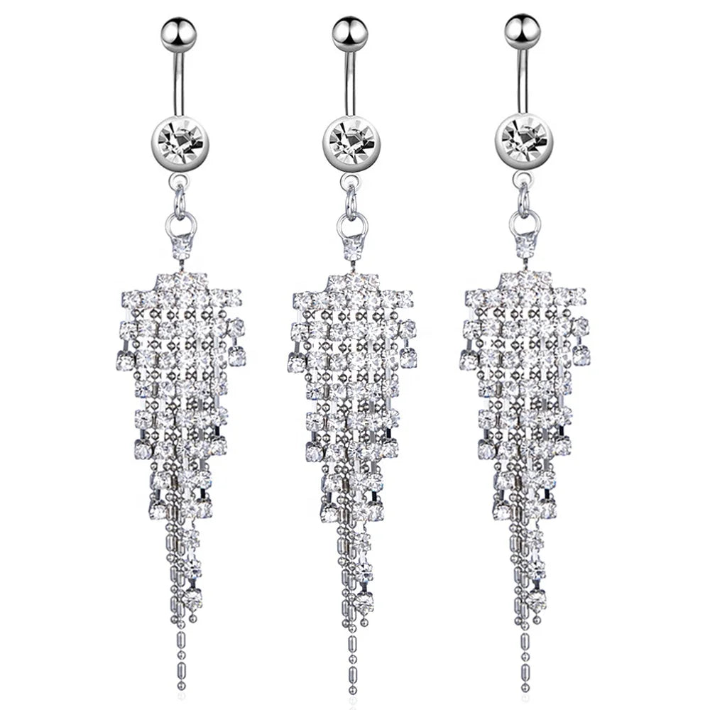 Stainless Steel Curved Barbell Crystal Chain Dangling Belly Button Ring Fashion Piercing Jewelry Rhinestone Tassel Navel Ring