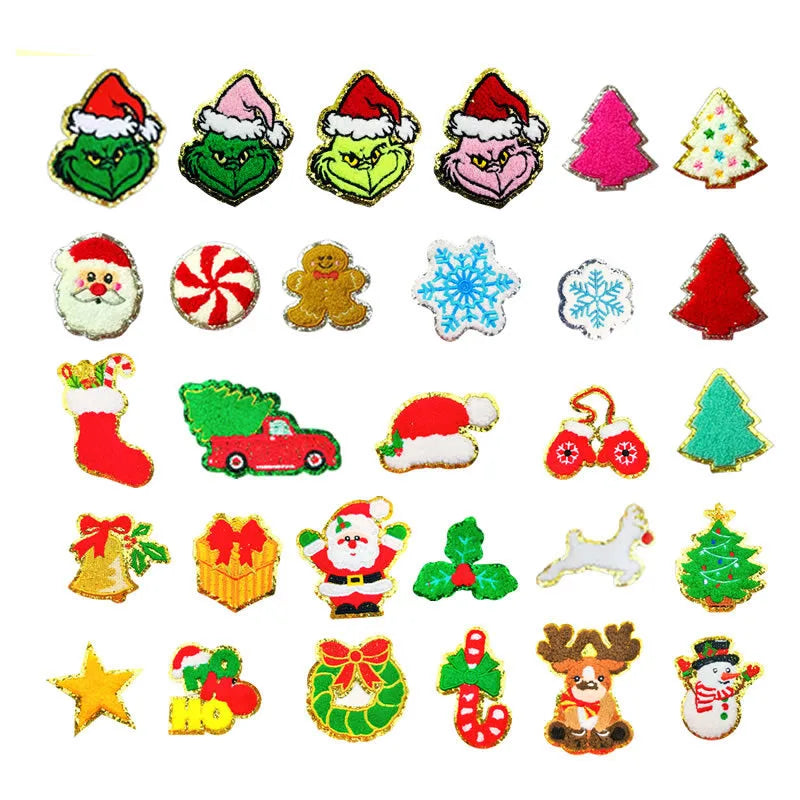 Factory Sell  Iron on Gold/sliver Edge  Snow Santa Reindeer Gingerbread Man  Christmas Chenille Patch