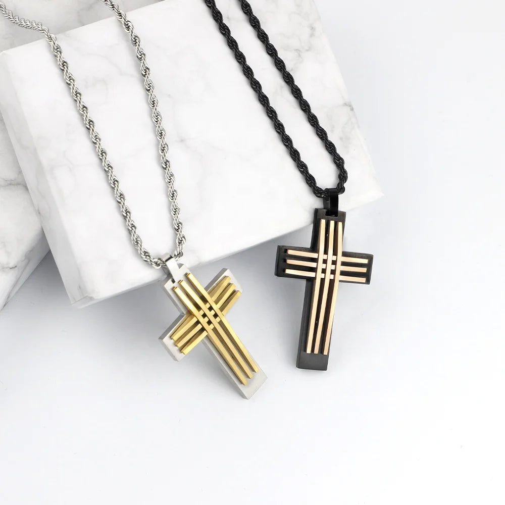 New Arrival PVD 18K Gold Plated Rope Chain Men Faith Cross Pendant 316 Stainless Steel Necklaces Wholesale