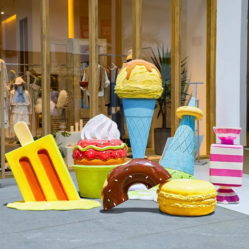1:1 Customized Resin Fiberglass Giant Ice Cream Cone Donuts Popsicle Props Statue Display for Sale