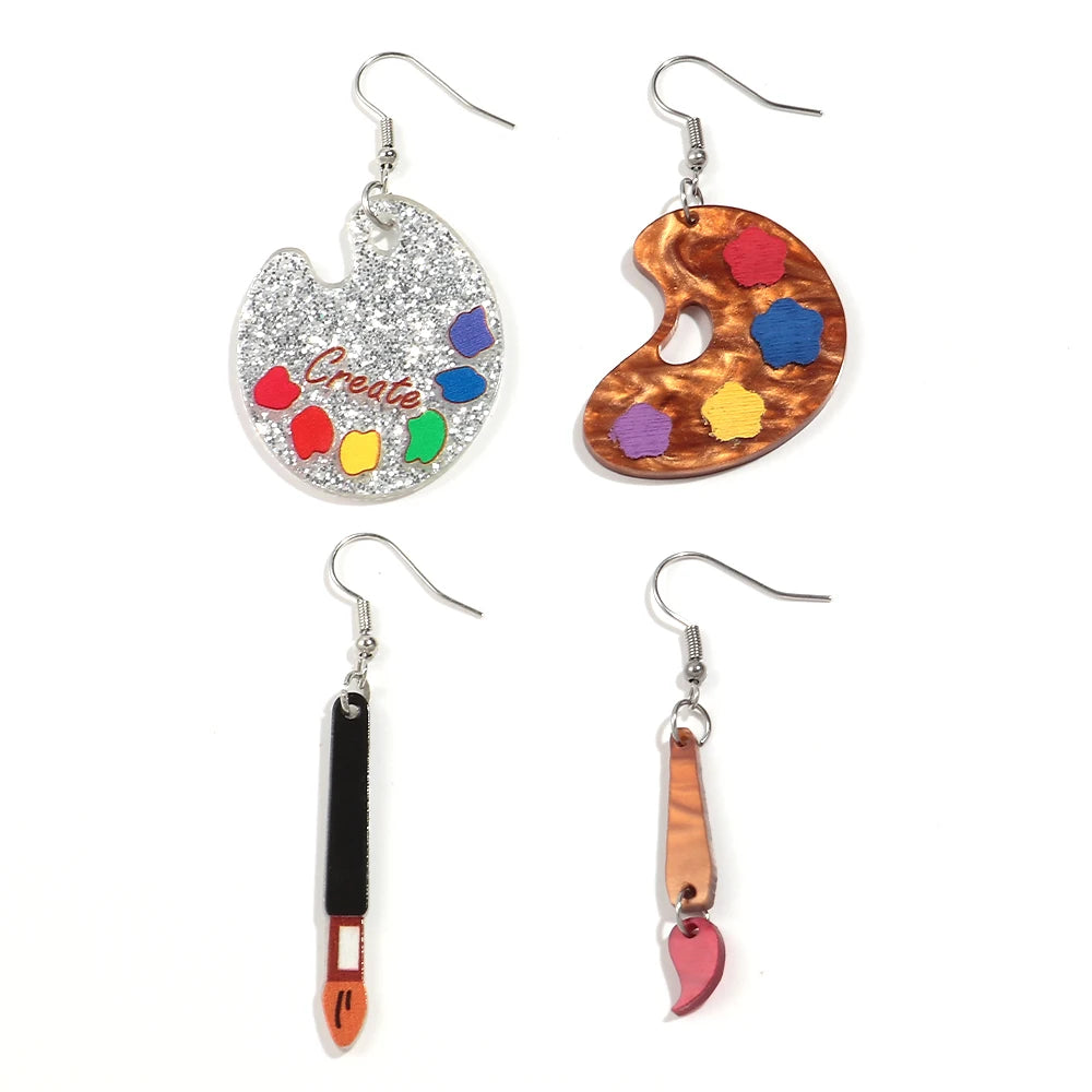 Creative Geometric Color Palette Asymmetrical Paintbrush Earrings Silver Glitter Acrylic Drawing Board Drop Earrings Gift