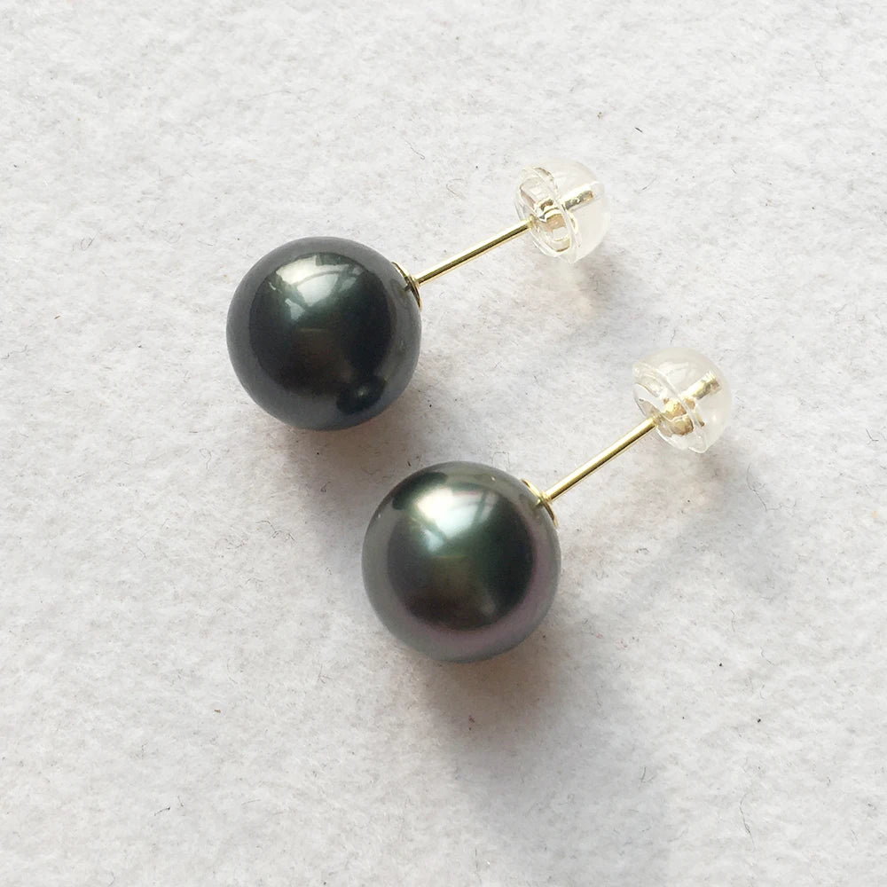 AAA Good Quality 9-10 mm Nature Tahitian Sea Salt Pearl Earringau750 18k Gold Stud Earrings for Wedding perfect Round Pearl