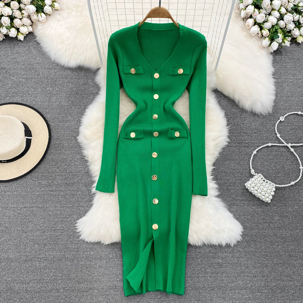 Wholesale 2026 Autumn New French Gentle Style Temperament V-neck Single Breasted Split Buttocks Knitted Women's Dress