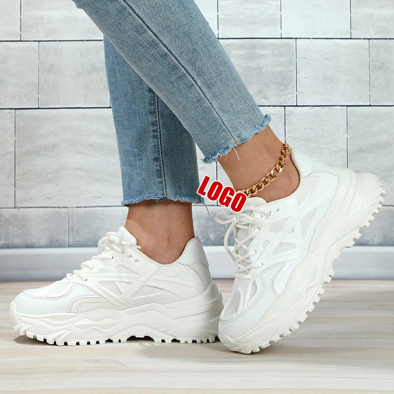 Custom Black Pink Chunky Sneakers for Women Breathable Mesh High Top Loafers Lace-Up Thick Bottom Platform Casual Sports Shoes