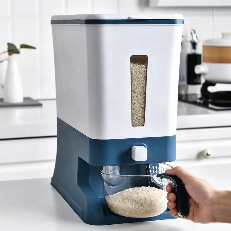 Automatic 10kg Rectangle PP Plastic Rice Grain Dispenser Dry Food Cereal Kitchen Multifunction Design Modern Storage Container