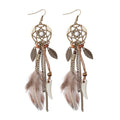 Ethnic Long Bohemia Feather Beaded Earrings for Women Dreamcatcher Round Wood Indian Gypsy Hippie Earrings Boucle D'oreille