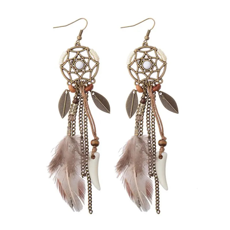 Ethnic Long Bohemia Feather Beaded Earrings for Women Dreamcatcher Round Wood Indian Gypsy Hippie Earrings Boucle D'oreille