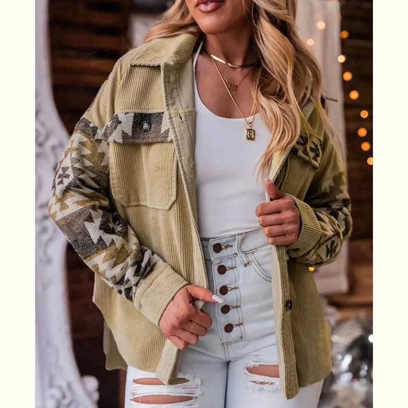 Maining Western Trending Products Aztec Print Patchwork Frayed Edge Corduroy Women's Jacket