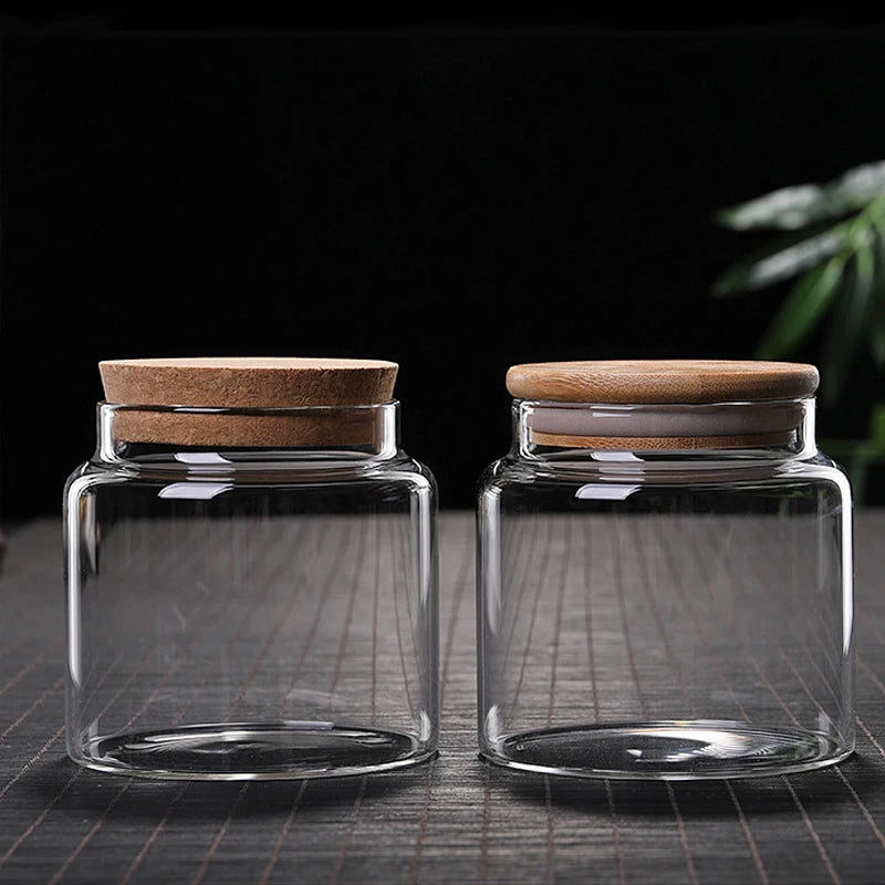 Custom New Style Luxury 14oz High Borosilicate Storage Container Empty Clear Glass Candle Jars With Cork Wood Lid