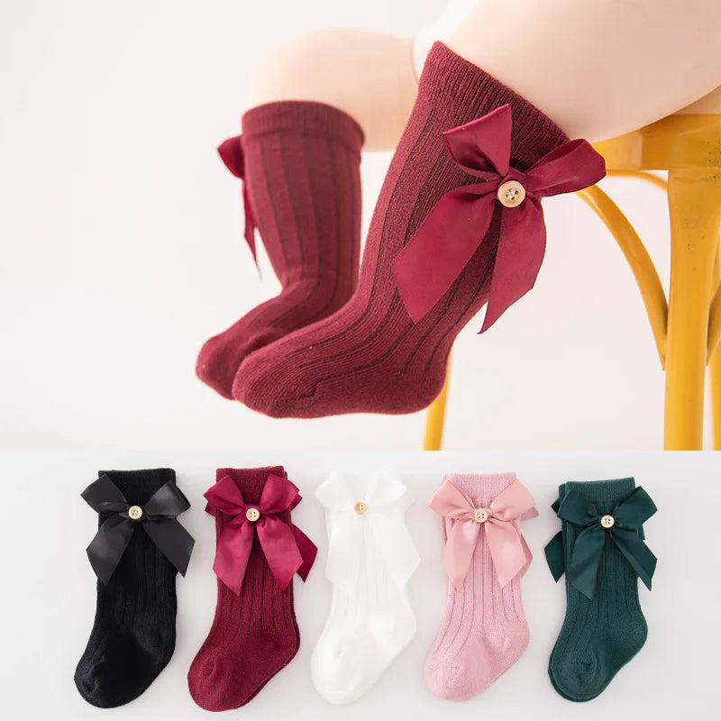 Girls' Large Bow Long Tube Socks Autumn and Winter Solid Color Combed Cotton for Infant Socks