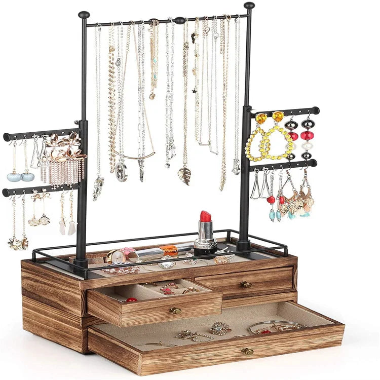 2-Tier Wooden Jewelry Drawer Storage Rack 6-Tier Display Organizer for Bracelet Earring Ring Keep-Sake Box