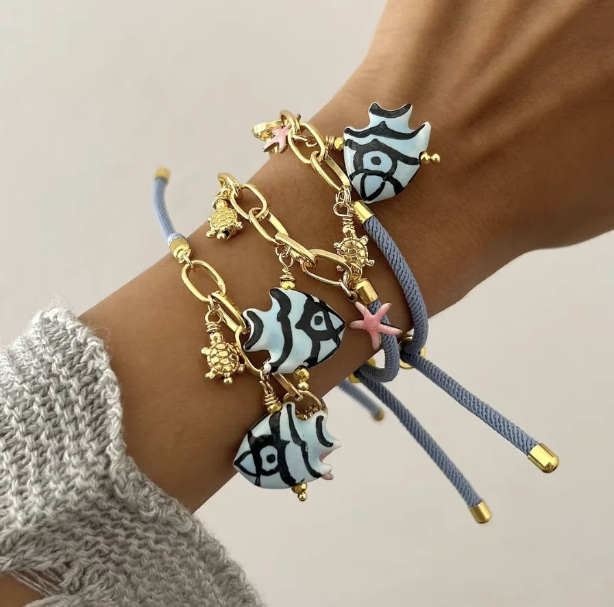 New Design Tropical Ceramic Fish Stainless Steel Turtle Chain DIY Woven Handmade Bracelet
