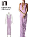 Oem Women's Sexy Mesh Patchwork Maxi Dress - Halter Neck Deep V Neckline Backless Ruched Party Dress for Night Out (Midnight)