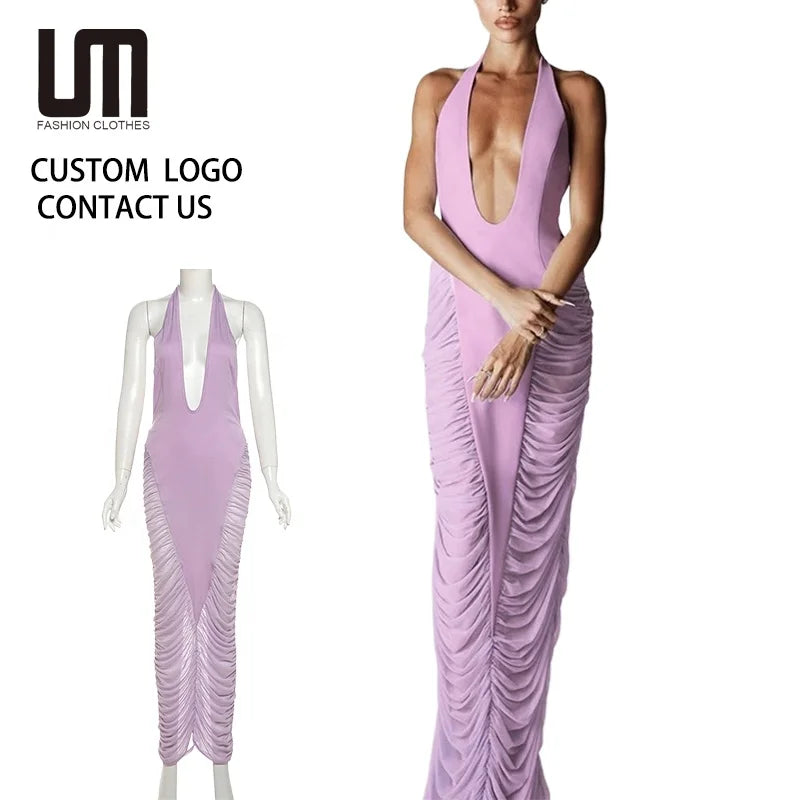 Oem Women's Sexy Mesh Patchwork Maxi Dress - Halter Neck Deep V Neckline Backless Ruched Party Dress for Night Out (Midnight)