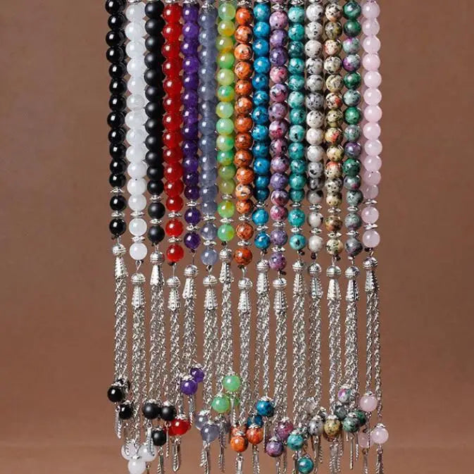 Muslim Rosary 33 Beads Natural Stone Agate Rose Quartz Crystal Malachite Tassel Tasbih Prayer Beads