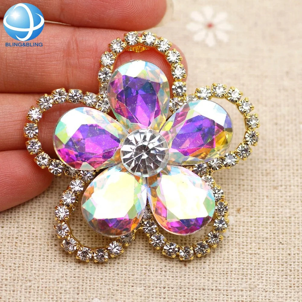 Gorgeous Drop Crystal AB Flower Buckle Flat Back Bridal Applique for Fancy Dress Clothes Crafts