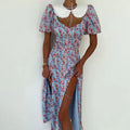 Peter Pan Collar Button up Belted Puff Short Sleeve High Waist Slit Dresses Summer Elegant Ladies Long Floral Women's Dress