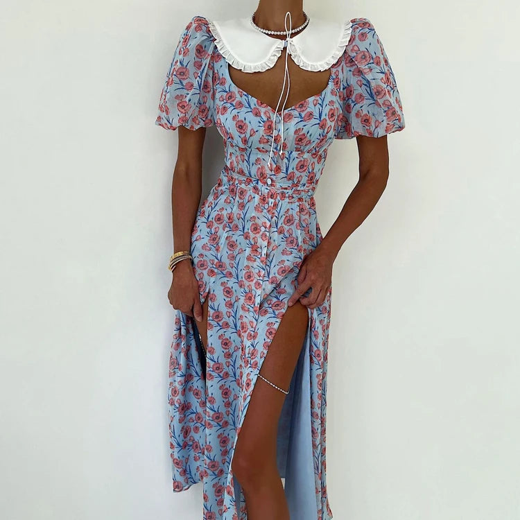 Peter Pan Collar Button up Belted Puff Short Sleeve High Waist Slit Dresses Summer Elegant Ladies Long Floral Women's Dress