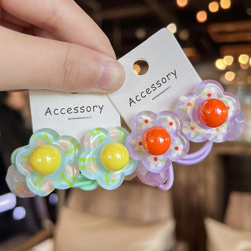 Hot Selling Sweet Style  Flower Hair Ties 2pc/set Colored Gradient High Resilience Hair Cord for Children No Hair Damage