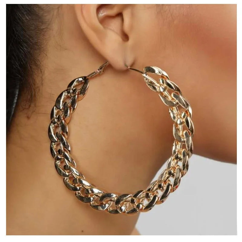 Gold Silver Link Chain Circle Hoop Earrings Large Cuban Link Chain Hoop Earrings